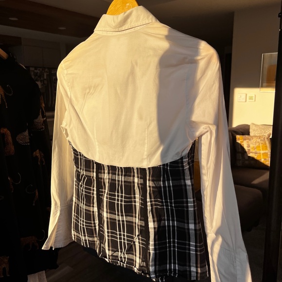 SOLD Vintage Black Plaid Corset White Collared Shirt - Picture 9 of 11